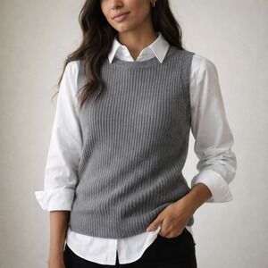 Lord & Taylor Gray Ribbed Sweater Vest Sleeveless Knit Pullover Classic